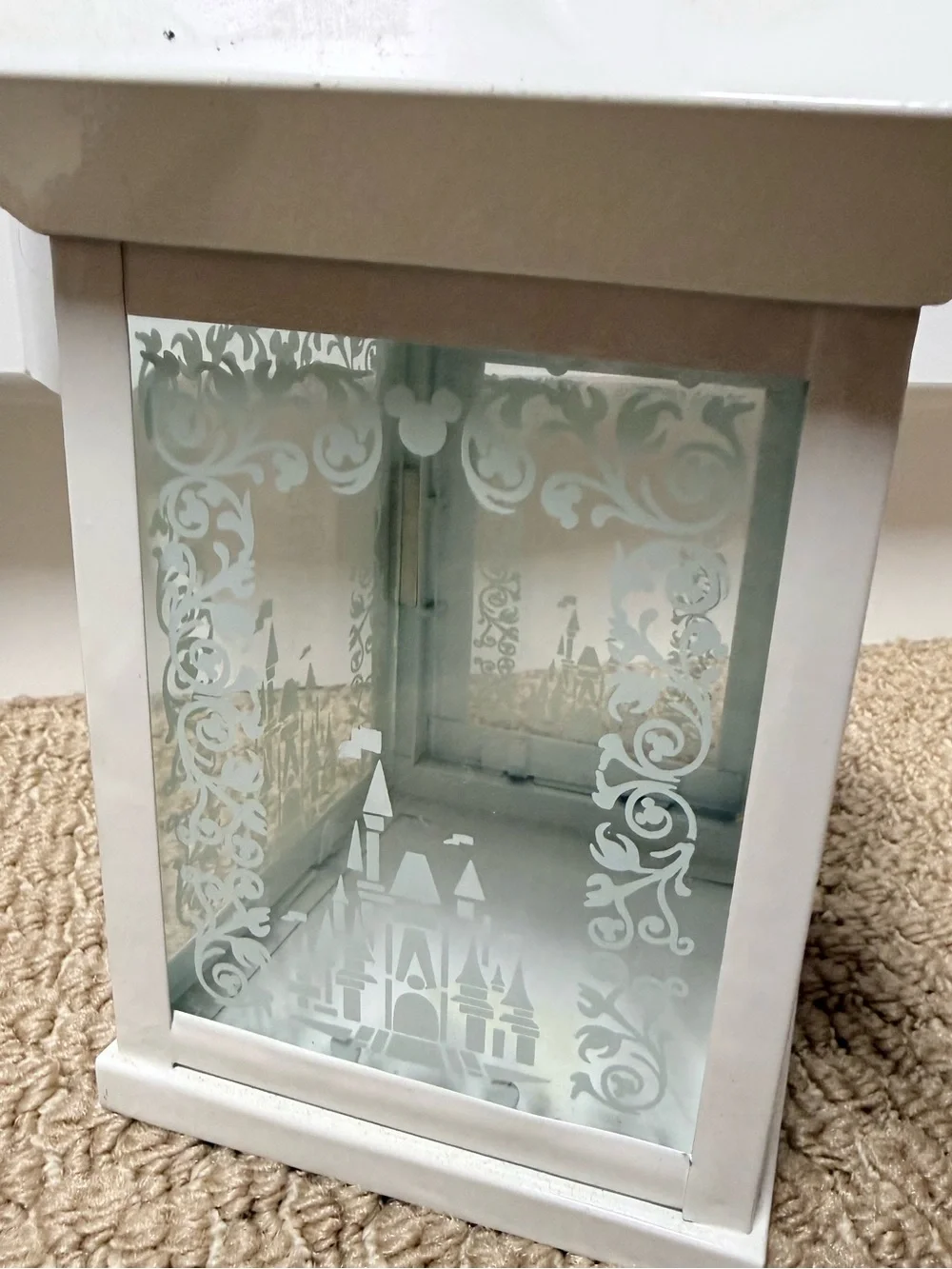 Disney White Metal Lantern with Etched Glass Panels